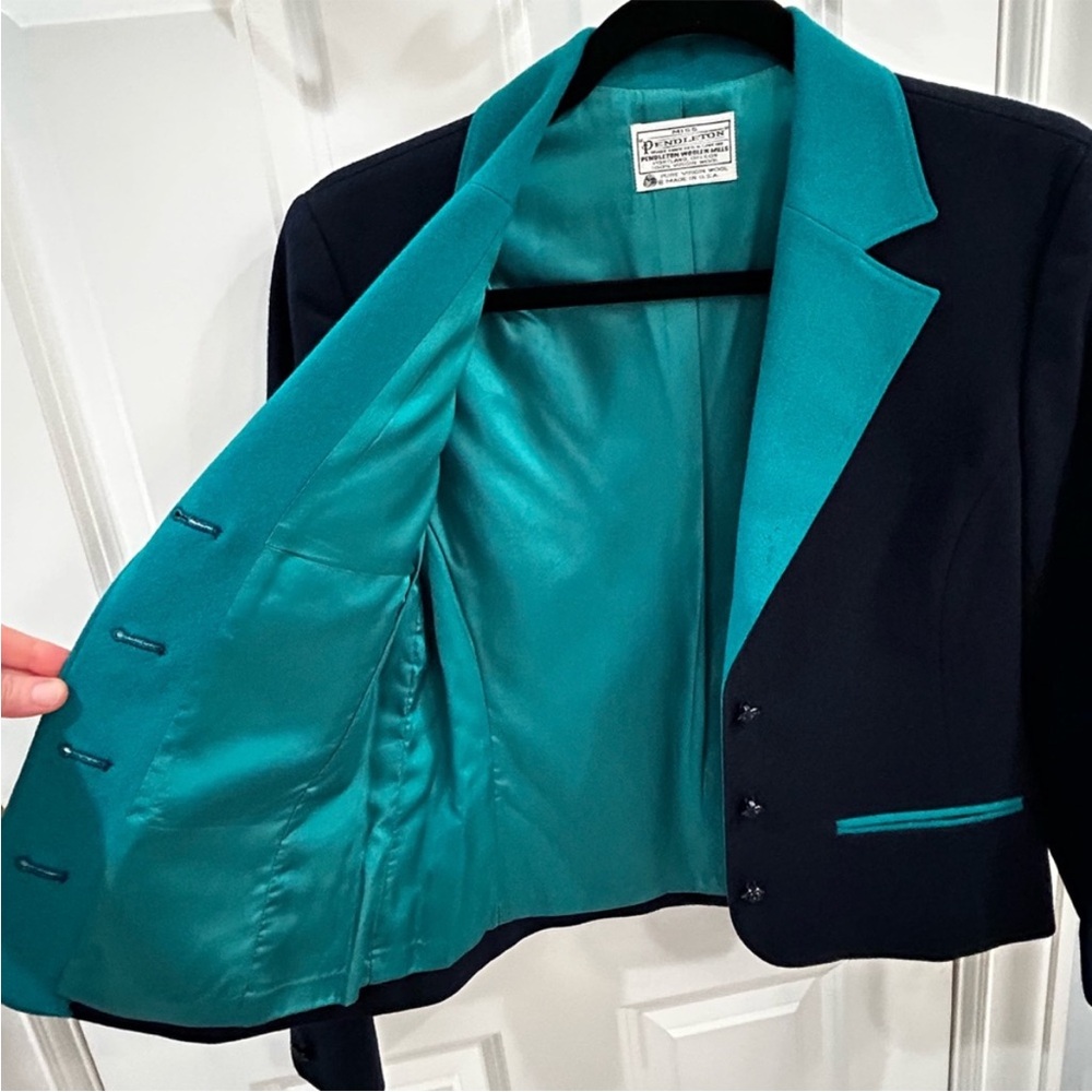 Vintage 70s Pendleton Wool Blazer Navy Teal Trim Contrast Lapel Academia Sz M - Picture 7 of 12